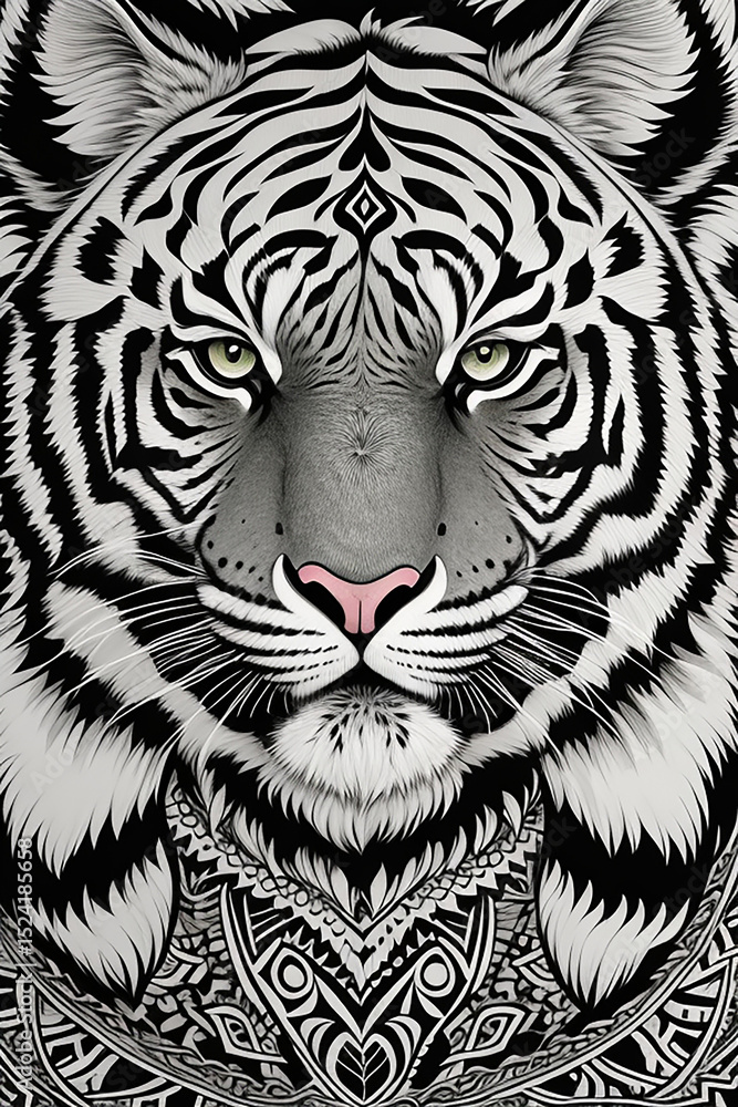 Fototapeta premium Striking Black and White Ink Illustration of a Tiger