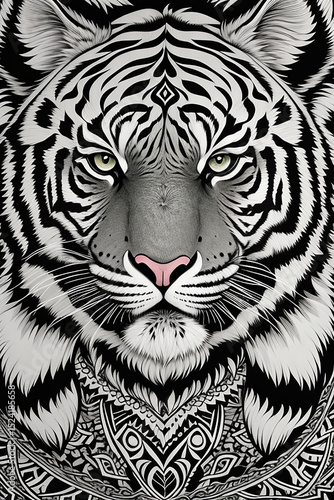 Striking Black and White Ink Illustration of a Tiger