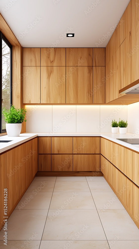 Modern Interior Design: Minimalist Wood Kitchen with Elegant Lighting and Natural Elements, Creating a Serene Culinary Space. Modern Interior Design: Minimalist Wood Kitchen with Elegant Lighting and Natural Elements, Creating a Serene Culinary Space.