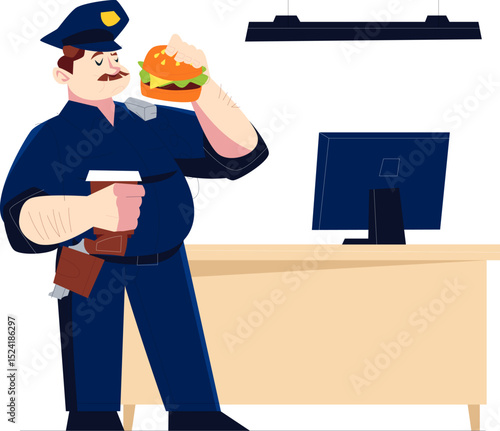 police officer eating burger vector illustration