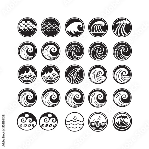 Collection of twenty five unique black and white wave circle designs
