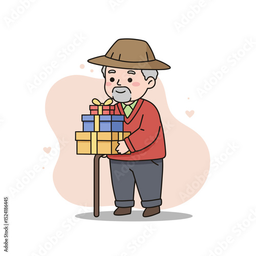 Elderly man bringing holiday gifts while standing with a cane  