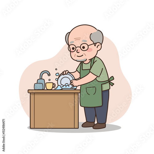 Elderly man washing dishes with a smile at a kitchen sink  