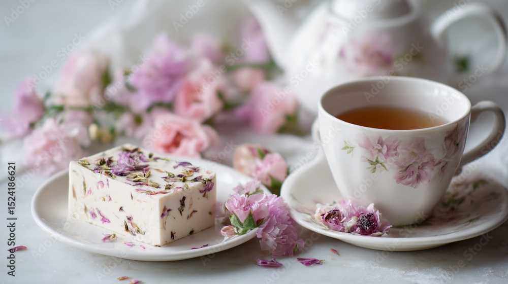 Botanical tea blend and floral-infused mousse slice on elegant table with clean decor Botanical tea blend and floral-infused mousse slice on elegant table with clean decor