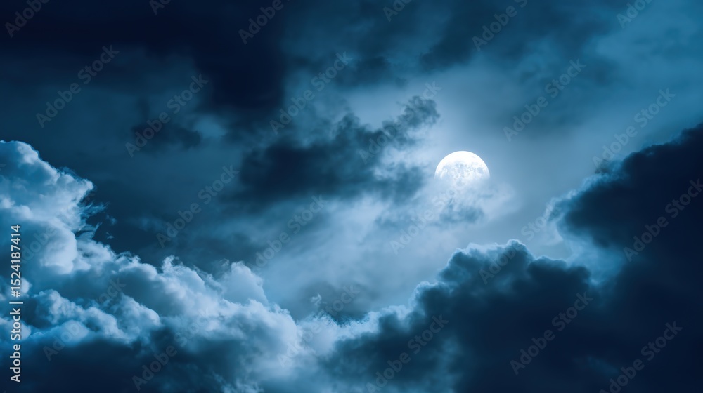 Obraz premium Serene Moonlight Blue Cloudy Sky Background – Silver Lunar Glow, Ethereal Cloud Textures, Nighttime Tranquility for Soothing Visuals