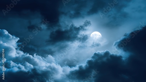 Serene Moonlight Blue Cloudy Sky Background – Silver Lunar Glow, Ethereal Cloud Textures, Nighttime Tranquility for Soothing Visuals