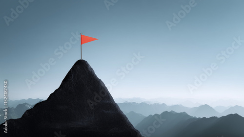Mountain peak with flag at summit, symbolizing achievement and triumph