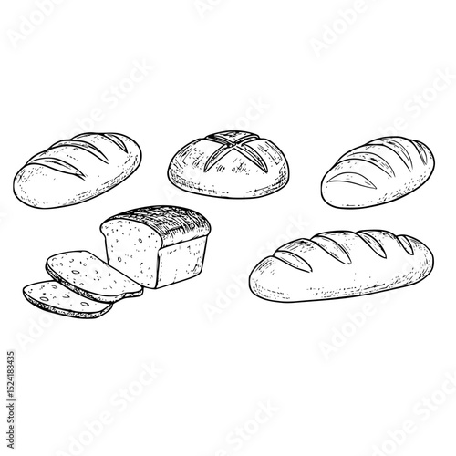 Bread different types hand drawn doodle outline icon set. Bread engraving, line art. Wheat products, baked goods, bakery.