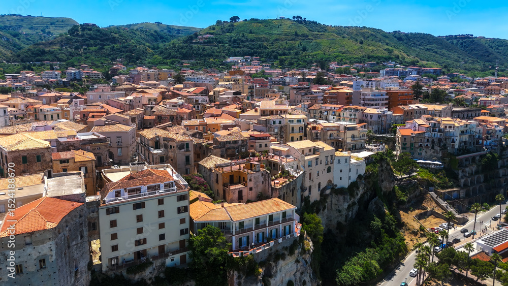 Obraz premium Aerial view of Tropea town on a cliff overlooking the Tyrrhenian sea in Calabria, Southern Italy