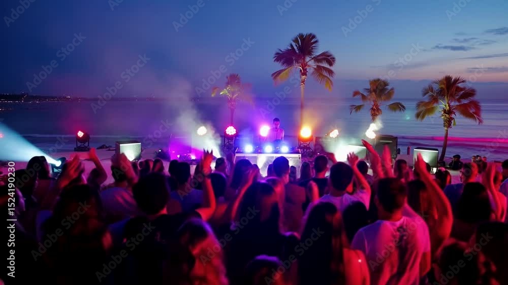 A DJ playing music at a party at the beach with ocean water, palm trees and people dancing