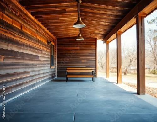 Wallpaper Mural Serene covered porch with wooden bench and pendant lights offering a tranquil outdoor space Torontodigital.ca