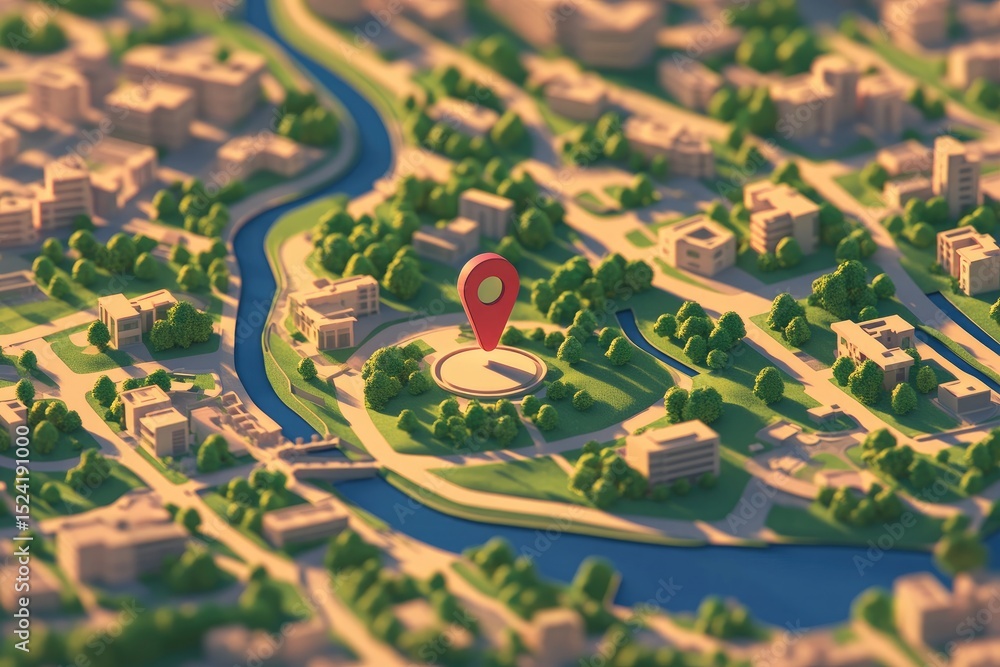 Fototapeta premium City map with marker, parks, and river