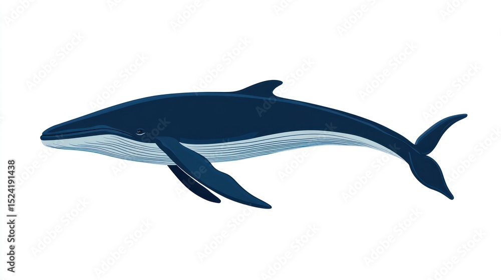 Fototapeta premium A stylized illustration of a dark blue whale, viewed in profile, swimming horizontally against a white background; it has a sleek body, visible pectoral fins, and a fluked tail