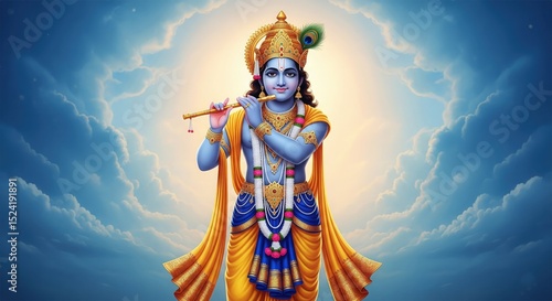 Lord Krishna 16:9 Desktop Wallpaper Background | HD Krishna Playing Flute | Krishna 4K Laptop Wallpaper | Spiritual Hindu God Krishna Wallpaper