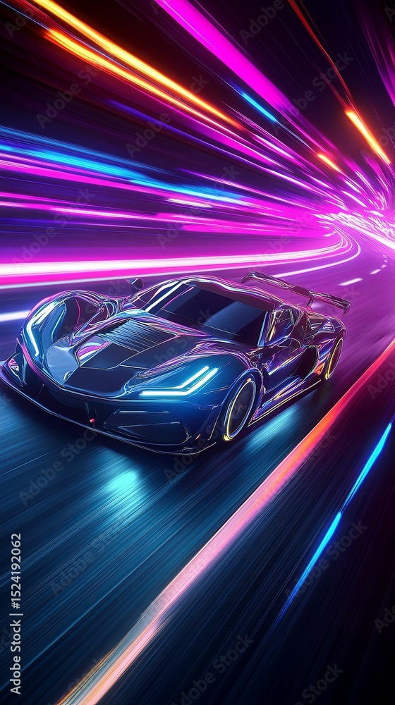 High-speed neon racing car streaks through a vibrant tunnel. High-speed neon racing car streaks through a vibrant tunnel.