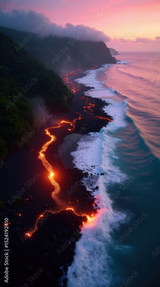 Fototapeta premium Aerial View: Volcanic Lava Flow Meets Ocean Waves at Sunset, Ideal for travel, nature, and environmental design projects.