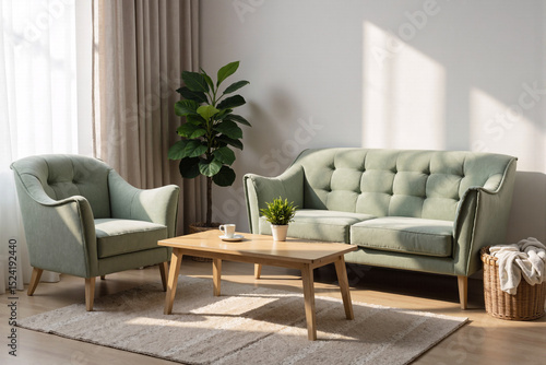 Bright and spacious living room with modern minimalist interior design, featuring a stylish pastel green sofa and armchairs, a wooden coffee table, and natural light from the window