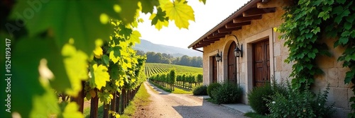 Lush green vines drape over a rustic winery building, sunlight dappling through the leaves A tranquil vineyard scene perfect for wine tasting imagery or branding , serene, image, scenic