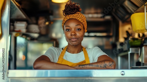 Black woman business owner. Chef working in Burger Food Truck, looking at camera. Startup successful small business owner. Small and Medium Enterprises concept. 