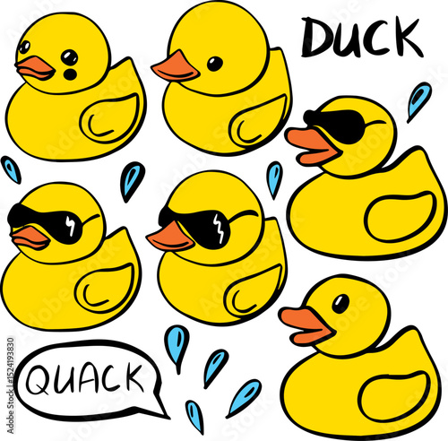 rubber duck doodle summer vector color set
