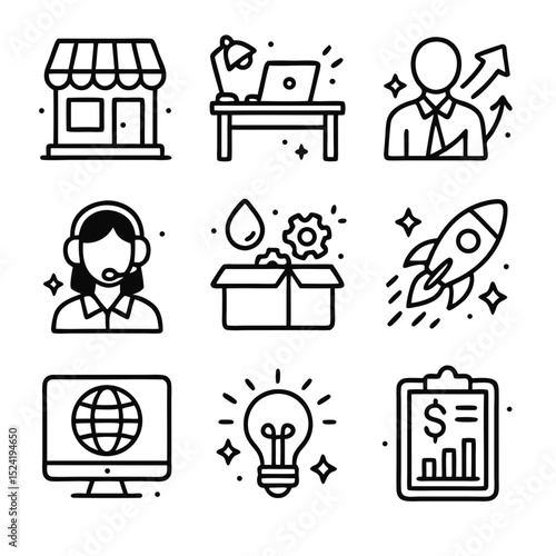 Small business icon set features 9 icons  growth, innovation, finance. Perfect for business websites, presentations, and marketing materials.