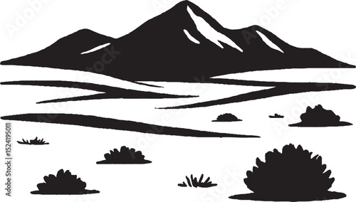 Black and white illustration depicting a mountain range_ scrub bushes_ and a subtle landscape composition.