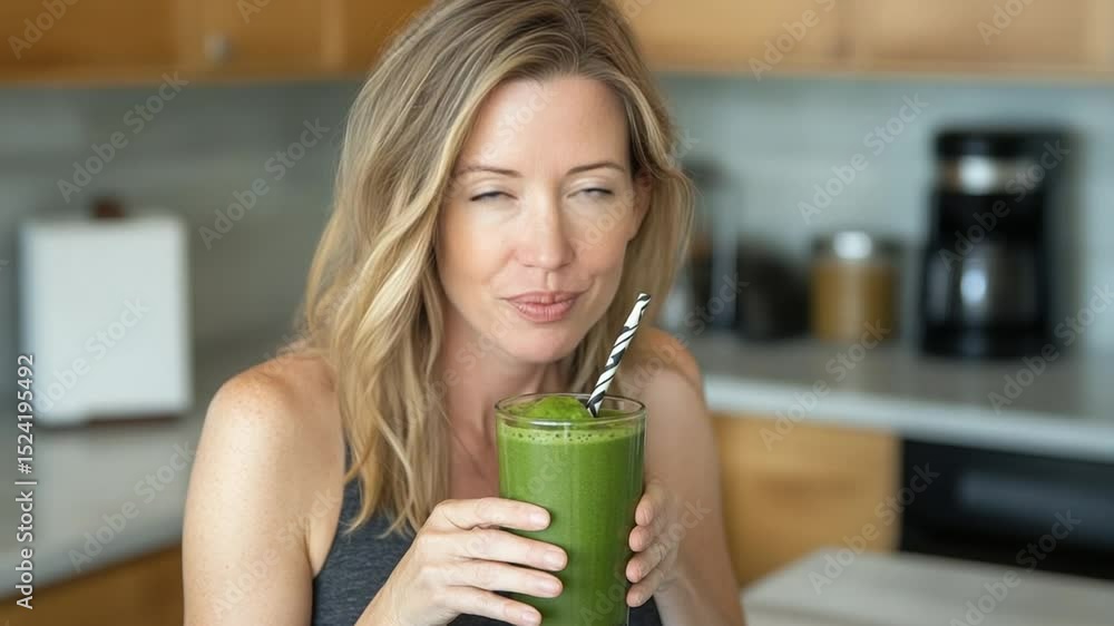 Blond woman holds a green smoothie with straw indoors in a kitchen setting Blond woman holds a green smoothie with straw indoors in a kitchen setting