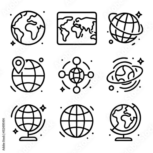 Globe nine different outline icons of the earth depict our world in diverse styles.