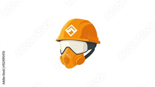 A stylized illustration of an orange hard hat and respirator mask, featuring a white diamond logo on the hat, set against a white background.  The image uses a flat, vector style
