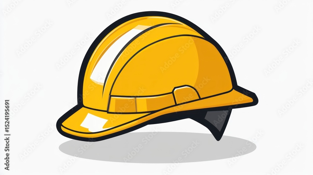 Fototapeta premium A cartoon illustration of a bright yellow hard hat, slightly angled, featuring a reflective stripe and a dark chin strap, cast with a subtle shadow beneath