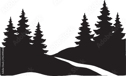 Black and white silhouette of evergreen trees and a winding path representing nature scenery and tranquility.