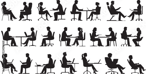 Collection of silhouetted people in various professional settings depicting meetings working and using laptops and computers