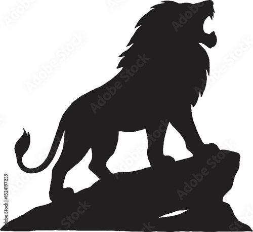 Powerful black silhouette of a roaring lion standing atop a rock formation symbolizing strength courage and leadership in nature