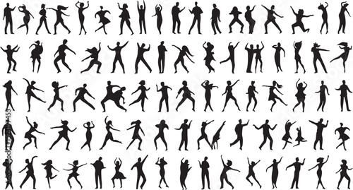  Silhouette collection of diverse people in various poses demonstrating movement and dancing against a white background.