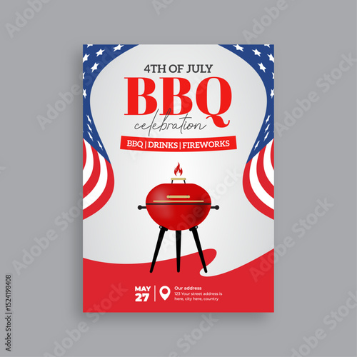 Independence Day BBQ party poster featuring USA flag, fireworks and food elements | 4th of July cookout celebration flyer template