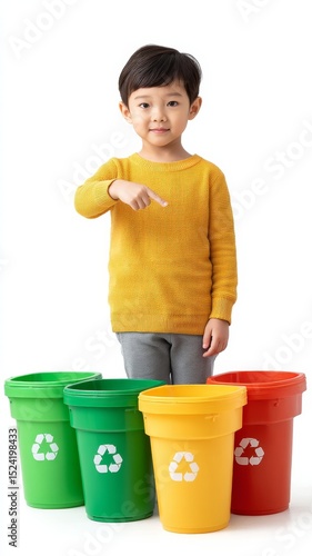 Young Asian Boy Pointing at Colorful Recycling Bins Promoting Environmental Awareness