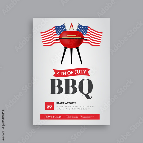4th of July BBQ celebration flyer design with American flag and fireworks | Independence Day cookout poster with food and stars