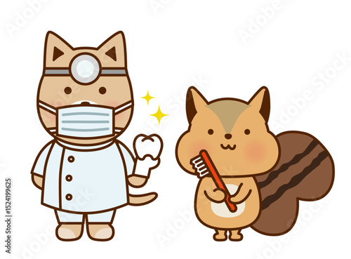 歯ブラシを持つリスと歯医者の犬のかわいいイラスト