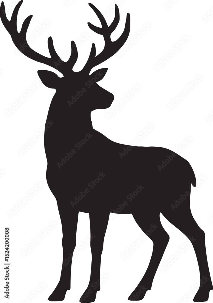 Fototapeta premium Silhouette of a majestic buck with large antlers standing gracefully on a plain white background perfect for design.