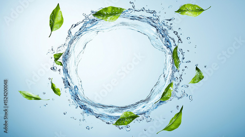 A water droplet with leaves floating in it. The water droplet is surrounded by a circle of leaves