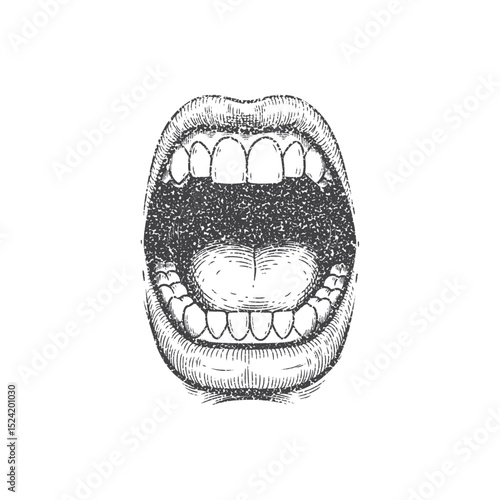 Halftone stipple mouth in scream with grainy dotwork. Grunge punk aesthetic with retro texture and expressive style. Vector illustration