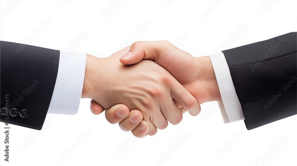 A business handshake, realistic hands in formal suit sleeves, isolated on a white background. A business handshake, realistic hands in formal suit sleeves, isolated on a white background.