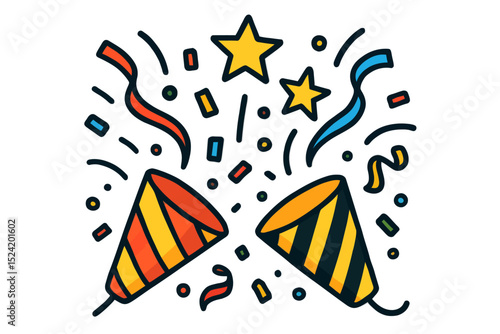 Colorful Party Poppers with Confetti and Stars