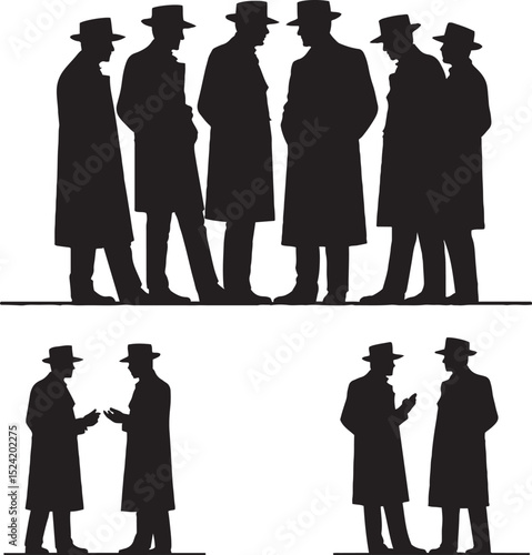 Silhouetted illustration of men in trench coats and hats grouped and in pairs depicting mystery and espionage