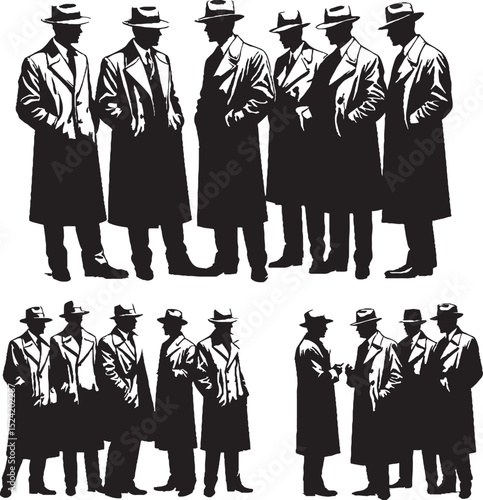 Silhouetted illustrations of men in trench coats and hats depicting noir style character groups and compositions.