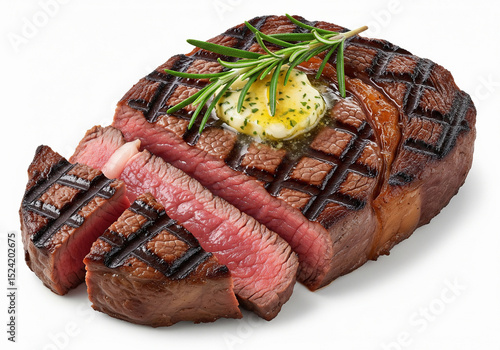 Grilled ribeye steak sliced to medium rare with herbed butter