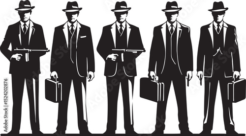 Silhouetted mobsters standing confidently in group wearing suits and hats holding weapons and briefcases in vector illustration.