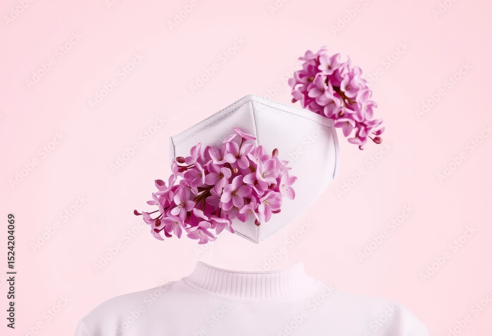 Obraz premium A White Protective Mask Adorned with Delicate Pink Blossoms, Concealing an Invisible Person Against a Soft Pink Background