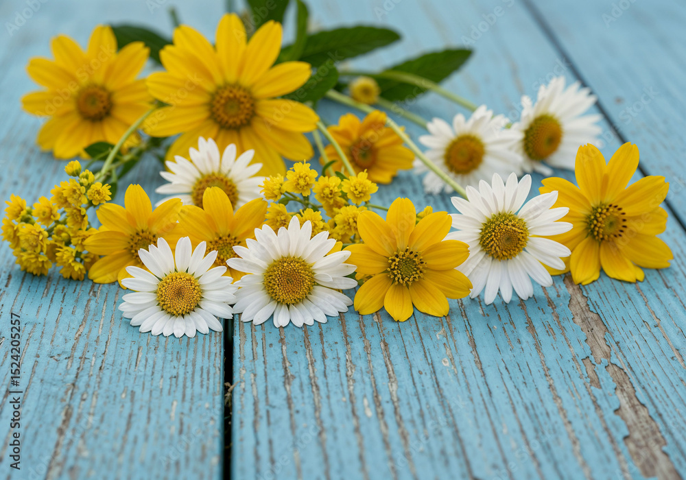 Obraz premium Yellow daisies and white daisies present a fresh spring blossom display arranged on a light blue wooden board