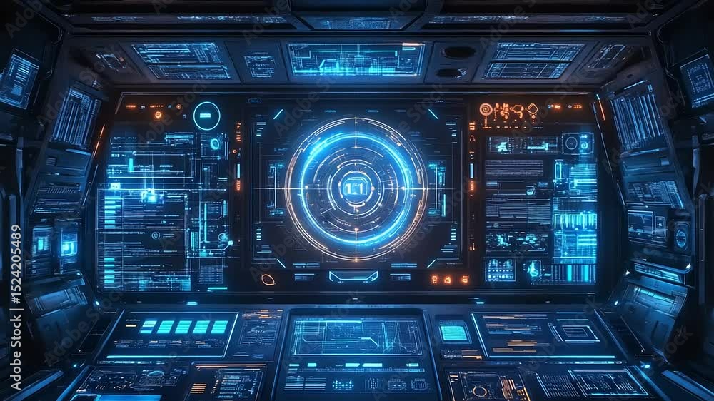 Futuristic control panel displaying advanced technology and data analytics in a sci-fi environment Futuristic control panel displaying advanced technology and data analytics in a sci-fi environment